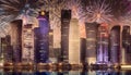 Beautiful fireworks above skyline of West Bay and Doha City, Qatar Royalty Free Stock Photo