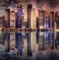 Beautiful fireworks above skyline of West Bay and Doha City, Qatar Royalty Free Stock Photo