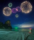 Beautiful fireworks above tropical landscape, Thailand Royalty Free Stock Photo