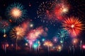 Beautiful fireworks and colourful on dark night sky background. Generative ai