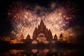 Beautiful fireworks display over Prambanan temple, Yogyakarta, Java, Indonesia, Fireworks above a Hindu temple during Diwali or