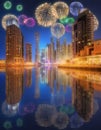 Beautiful fireworks in Dubai marina. UAE Royalty Free Stock Photo