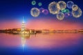 Beautiful fireworks near Maiden Tower or Kiz Kulesi Istanbul Royalty Free Stock Photo