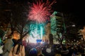 Halifax, Nova Scotia, Canada - Jan 1, 2020 - Beautiful fireworks Halifax City Hall with cheering background crowd. Royalty Free Stock Photo