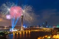 Beautiful Fireworks over Macau tower at night in Macau,China Royalty Free Stock Photo