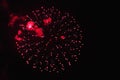 Beautiful Fireworks Red Flowers On The Night Sky. Brightly Fireworks On Dark Black Color Background. Holiday Relax Time With