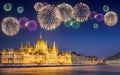 Beautiful fireworks under hungarian Parliament Royalty Free Stock Photo