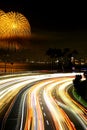 Beautiful fireworks view from the highway. stock photo