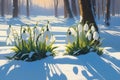 Beautiful first snowdrop flowers in the spring forest. Delicate spring flowers, snowdrops, are harbingers of warming and