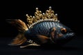 Beautiful Fish In Gold Crown On Matte Black Background. Generative AI Royalty Free Stock Photo