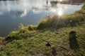 Beautiful fish pond in Badin, near Banska Bystrica, Slovakia. Sky mirror reflection in the water. Fishing place. Shining sun over Royalty Free Stock Photo