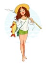 Beautiful fisher girl with fish and rod Royalty Free Stock Photo