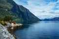 Beautiful fishing house on fjord. Norway Royalty Free Stock Photo