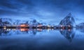 Beautiful fishing village with boats at night, Lofoten islands