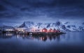 Beautiful fishing village with boats at night, Lofoten islands Royalty Free Stock Photo