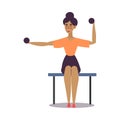 Cute young dark-haired girl sitting and doing exercise with dumbbells in a gym. Vector illustration in the flat cartoon Royalty Free Stock Photo