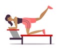 Cute young dark-haired girl doing fitness exercise on legs in a gym. Vector illustration in the flat cartoon style Royalty Free Stock Photo