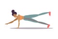 Cute young dark-haired trainer girl doing plank exercise in a gym. Vector illustration in the flat cartoon style