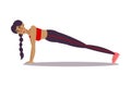 Cute young dark-haired trainer girl doing plank exercise pose in a gym. Vector illustration in the flat cartoon style