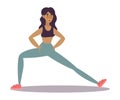 Cute young dark-haired trainer girl doing stretching exercise on legs in a gym. Vector illustration in the flat cartoon