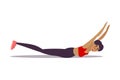 Cute young dark-haired trainer girl doing yoga exercise crocodile pose in a gym. Vector illustration in the flat cartoon