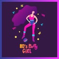 Beautiful fitness girl, aerobic exercise funky poster. Lifestyle 80s isolated colorful drawing