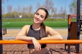 Beautiful fitness girl doing exercises in stylish sportswear  outdoors. Royalty Free Stock Photo