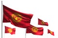 Beautiful five flags of Kyrgyzstan are wave isolated on white - image with bokeh - any feast flag 3d illustration