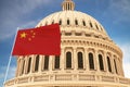 Beautiful flag of China waving with the strong wind and behind it the dome of the Capitol USA 3D RENDER, 3D RENDERING