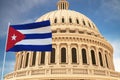 Beautiful flag of Cuba waving with the strong wind and behind it the dome of the Capitol USA 3D RENDER, 3D RENDERING