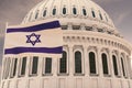 Beautiful flag of the Israel waving with the strong wind and behind it the dome of the Capitol 3D RENDER