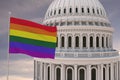 Beautiful flag of LGBT pride waving with the strong wind and behind it the dome of the Capitol USA 3D RENDER, 3D RENDERING LGBTQ,