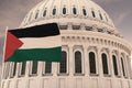 Beautiful flag of the Palestine waving with the strong wind and behind it the dome of the Capitol 3D RENDER