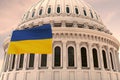 Beautiful flag of Ukraine waving with the strong wind and behind it the dome of the Capitol USA 3D RENDER, 3D RENDERING