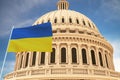 Beautiful flag of Ukraine waving with the strong wind and behind it the dome of the Capitol USA 3D RENDER, 3D RENDERING