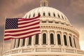 Beautiful flag of the United States of America waving with the strong wind and behind it the dome of the Capitol USA 3D RENDER, 3D