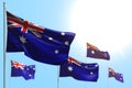 Beautiful memorial day flag 3d illustration - 5 flags of Australia are wave against blue sky photo with soft focus Royalty Free Stock Photo