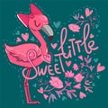 Beautiful Flamingo with flowers. Childish design print. Handwritten - Sweet Little