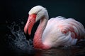 Beautiful flamingo with splashes of water on a black background, Greater flamingo Phoenicopterus roseus, AI Generated