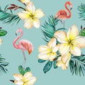 Beautiful flamingo and yellow plumeria flowers on blue background. Exotic tropical seamless pattern. Watecolor painting. Royalty Free Stock Photo