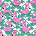 Beautiful flamingos on an abstract tropical pattern seamless background. Print design for textiles. Trend fabric children`s theme