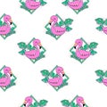 Beautiful flamingos on an abstract tropical pattern seamless background. Print design for textiles. Trend fabric children`s theme