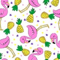 Beautiful Flamingos and a Pineapple on an abstract tropical pattern seamless background. Print design for textiles. Trend fabric
