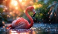 Beautiful flamingos walking in the water with green grasses background. American Flamingo walking in a pond.Generative AI