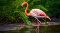 Beautiful flamingos walking in the water with green grasses background. generative ai