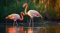 Beautiful flamingos walking in the water with green grasses background. generative ai