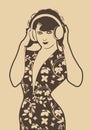 Beautiful flapper girl with headphones isolated. Retro Style Royalty Free Stock Photo
