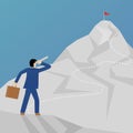 Beautiful flat design business vector metaphor of a businessman climbing a mountain and looking at a peak with a binocular