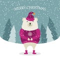 Beautiful flat design Christmas card with dressed polar bear