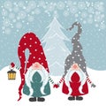 Beautiful flat design Christmas card with happy gnomes. Christmas poster